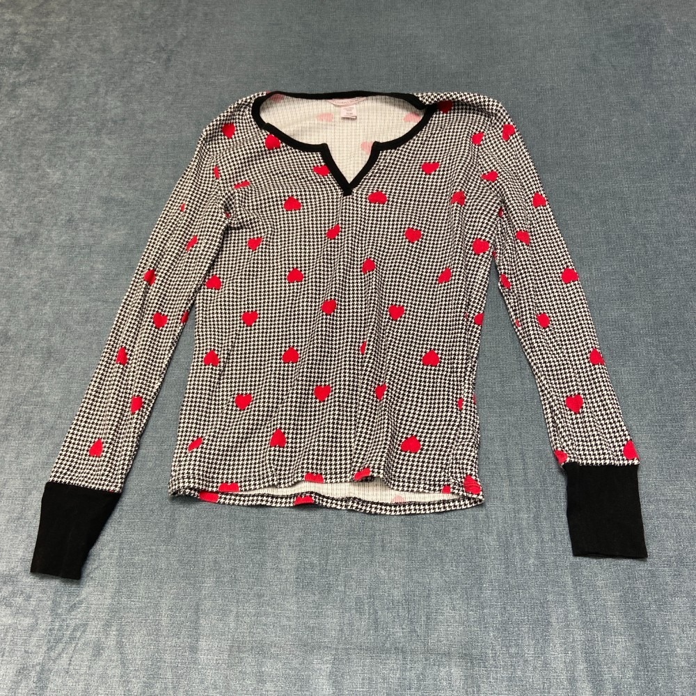 Victoria's Secret Pajama Top Womens Small Black White Houndstooth Heart Thermal